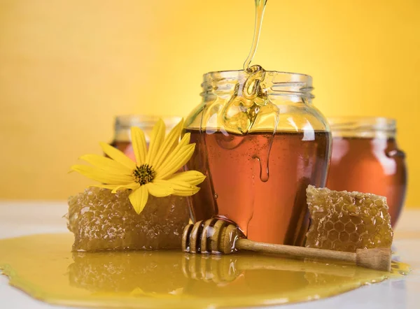 Honey and wooden stick — Stock Photo, Image