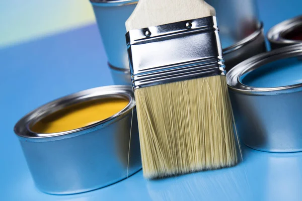 Tin Metal Cans Color Paint Paintbrush — Stock Photo, Image