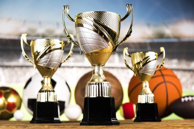 Cups of winners award, Sport equipment and balls clipart