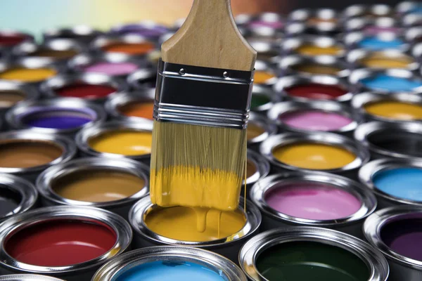 Metal Tin Cans Color Paint Paintbrush — Stock Photo, Image