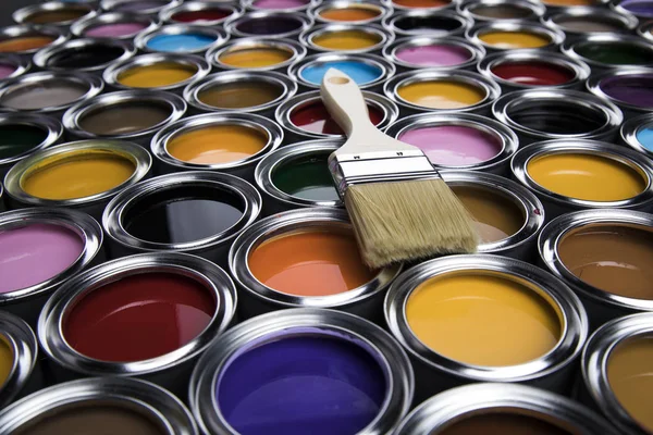 Metal Tin Cans Color Paint Paintbrush — Stock Photo, Image