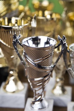 Ödül kazanan ve şampiyonluk konsepti, spor arka planında kupa.