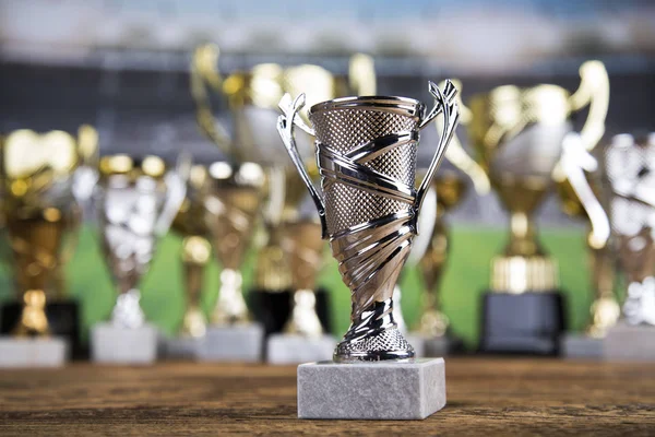 Ganador Premios Concepto Campeonato Copa Trofeo Sobre Fondo Deportivo —  Fotos de Stock