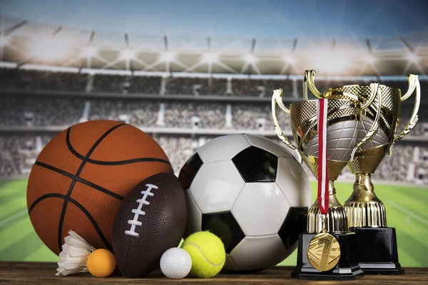 Premios Copas Ganadores Equipamiento Deportivo Pelotas —  Fotos de Stock