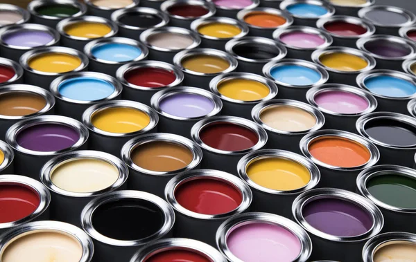 Full Buckets Rainbow Colored Oil Paint — Stock Photo, Image