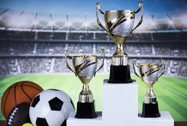 Copas Premios Ganadores Podio Blanco Fondo Deportivo —  Fotos de Stock