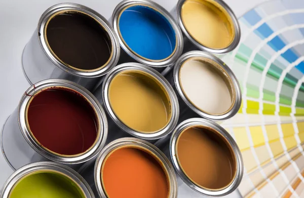 Paint Cans Color Palette Close — Stock Photo, Image
