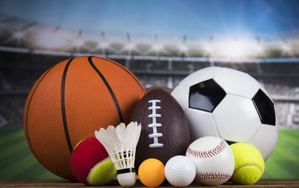 Sport Equipment Balls Stadium Background — Stock Photo, Image