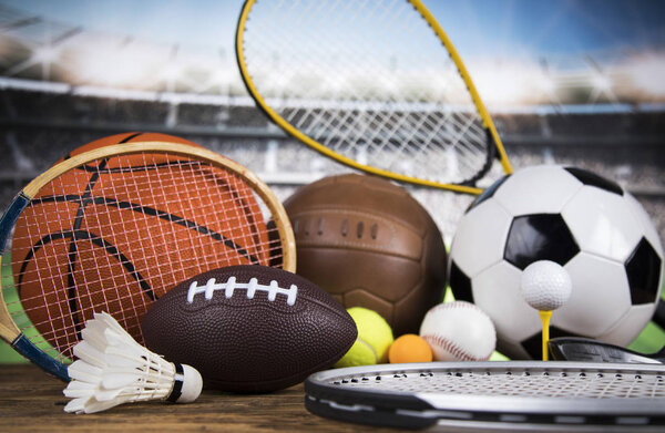 Assorted sports equipment, close up