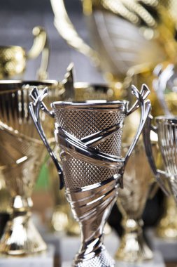 Ödül kazanan ve şampiyonluk konsepti, spor arka planında kupa.