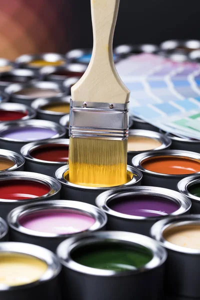 Colorful Paint Cans Paintbrush — Stock Photo, Image