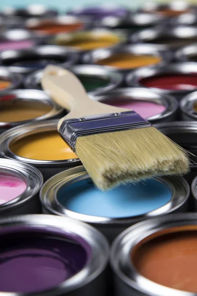 Colorful Paint Cans Paintbrush — Stock Photo, Image