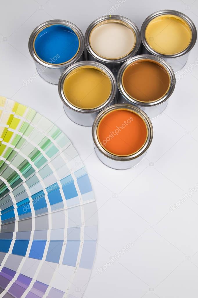 Paint cans, color palette close up