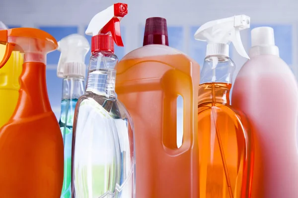 Cleaning products and window background — Stock Photo, Image