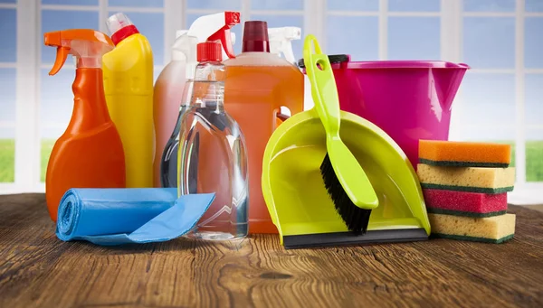 Set di prodotti per la pulizia, sfondo dell'attrezzatura — Foto Stock