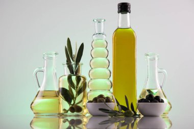 Zeytin yağı şişeleri, zeytin dalı ve pişirme yağları. 