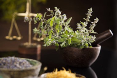 Siyah ayna arka planında doğal tıp