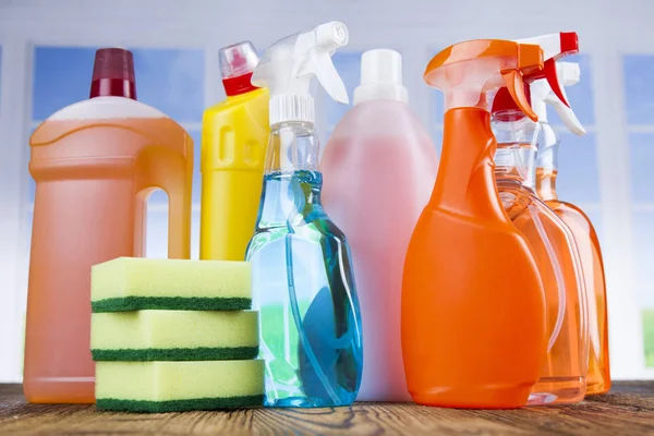 Variety of cleaning products, equipment background — Stock Photo, Image