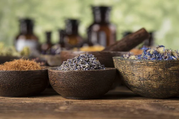 Herbs medicine and vintage wooden background — Stock Photo, Image