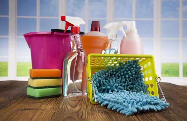 Group of assorted cleaning and window background — Stock Photo, Image