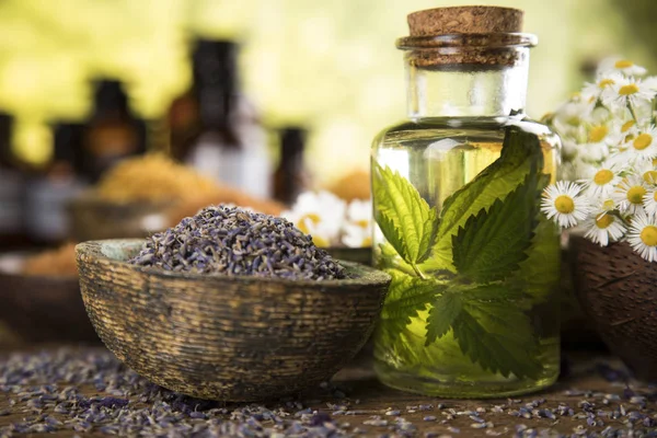 Oil and Natural medicine, wooden table background — Stock Photo, Image