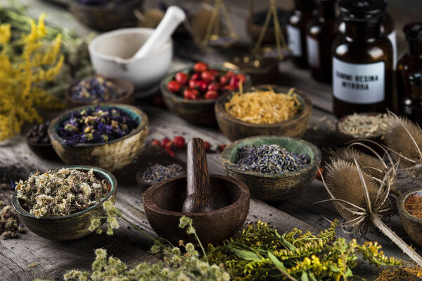 Natural remedy,Herbal medicine and wooden table background