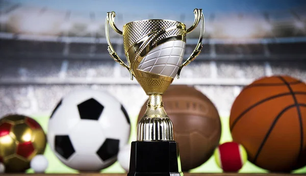 Sport stadium background, Trophy for champion — Stock Photo, Image