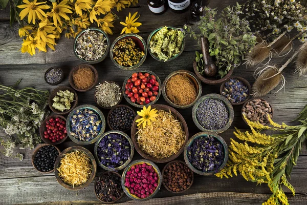 Přírodní lék, bylinná medicína a dřevěný stůl pozadí — Stock fotografie