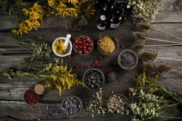 Přírodní lék, bylinná medicína a dřevěný stůl pozadí — Stock fotografie