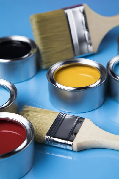 Paint brush, tin can and color guide samples — Stock Photo, Image