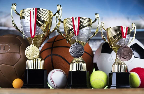 Sport podium, Cups of winners award — Stock Photo, Image