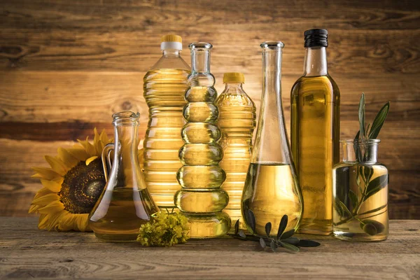 Cooking and food oil products, Extra virgin olive, sunflower see — Stock Photo, Image