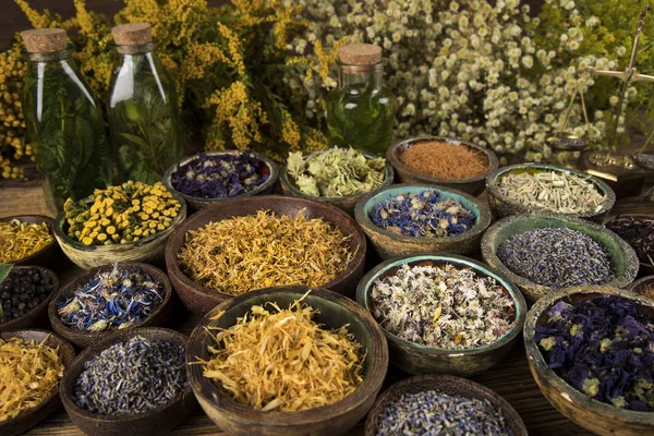 Remédio natural, Medicina herbal e mesa de madeira fundo — Fotografia de Stock