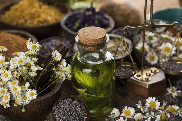 Natural remedy,Herbal medicine and wooden table background — Stock Photo, Image