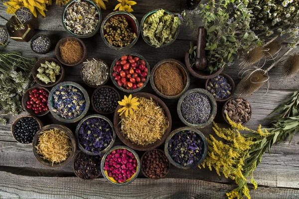 Remédio natural, Medicina herbal e mesa de madeira fundo — Fotografia de Stock