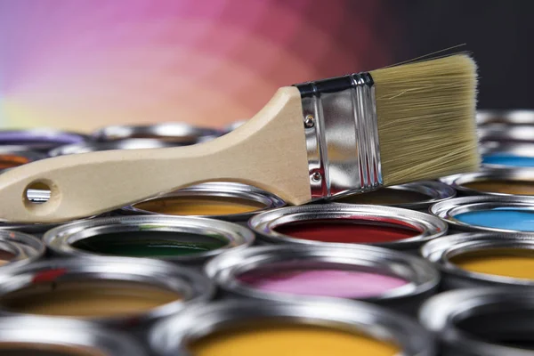 Paint brush, tin can and color guide samples — Stock Photo, Image