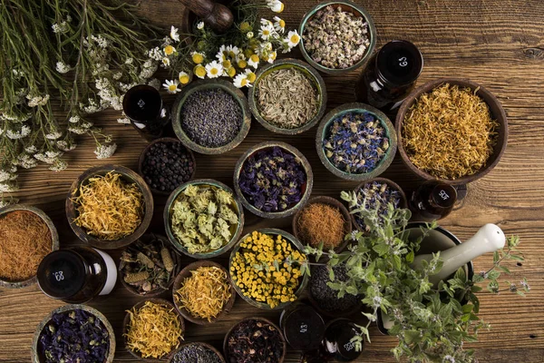 Remedio natural, medicina herbal y fondo de mesa de madera — Foto de Stock