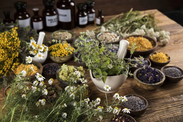 Természetes orvoslás, gyógynövény és fa asztal háttér — Stock Fotó