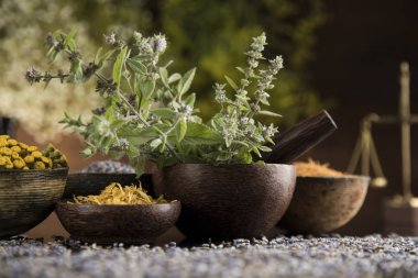 Siyah ayna arka planında doğal tıp