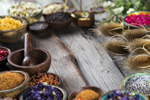 Natural remedy,Herbal medicine and wooden table background