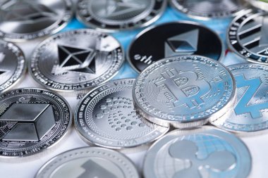 Kripto para birimi konsepti. Sanal para birimi arkaplanı, Bitcoin