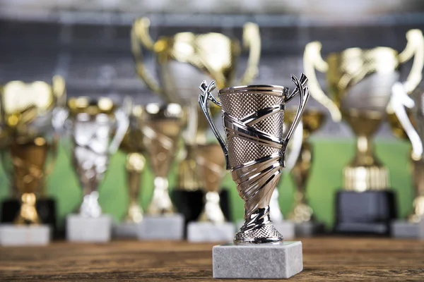 Sport podium, Cups of winners award — Stock Photo, Image