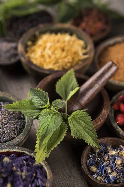 Natural remedy,Herbal medicine and wooden table background — Stock Photo, Image