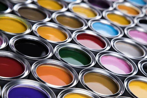 Set Barattoli Vernice Colorata Sfondo Pittura — Foto Stock