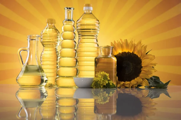 Sunflower Oil Cooking Oils Bottles Background — Stock Photo, Image