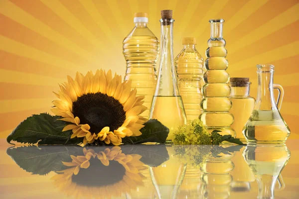 Sunflower Oil Cooking Oils Bottles Background — Stock Photo, Image