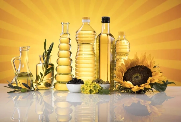 Cooking Food Oil Products Extra Virgin Olive Sunflower Seed Rapeseed — Stock Photo, Image