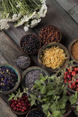 Homeopati, ahşap masada bitkisel ilaçlar.