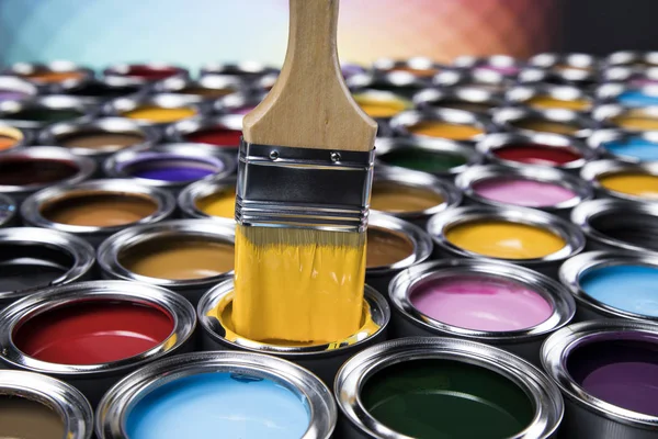 Tin Metal Cans Color Paint Paintbrush — Stock Photo, Image