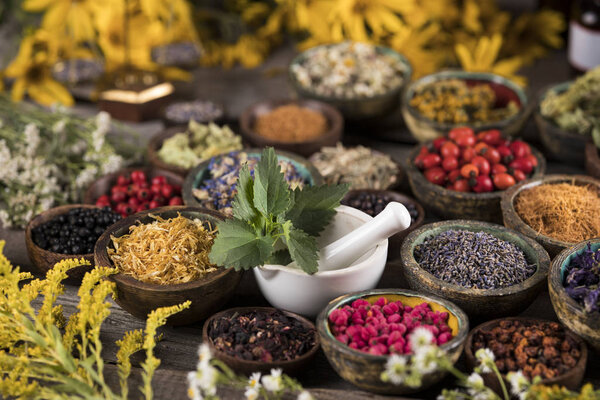 Natural remedy,Herbal medicine and wooden table background